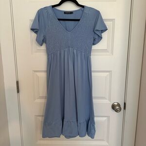 Maternity Smocked Short Sleeve Summer Dress V Neck Boho Ruffle Casual Swing Midi